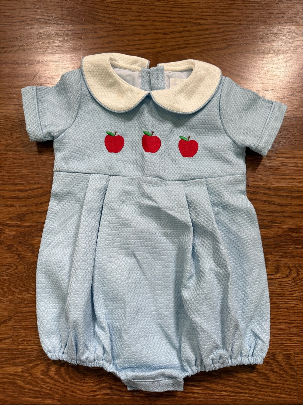 Light Blue Baby One-Piece with Peter Pan Collar and Apple Embroidery